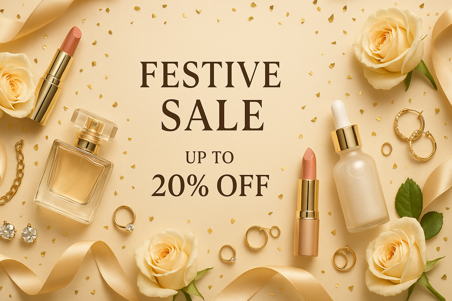 Festive discount banner with elegant beauty products, fashion jewelry, gold confetti, ribbons and flowers, premium lighting, luxurious aesthetic, space for “Festive Sale Up To 20% OFF” text, pastel gold theme, 16:9, ultra HD
