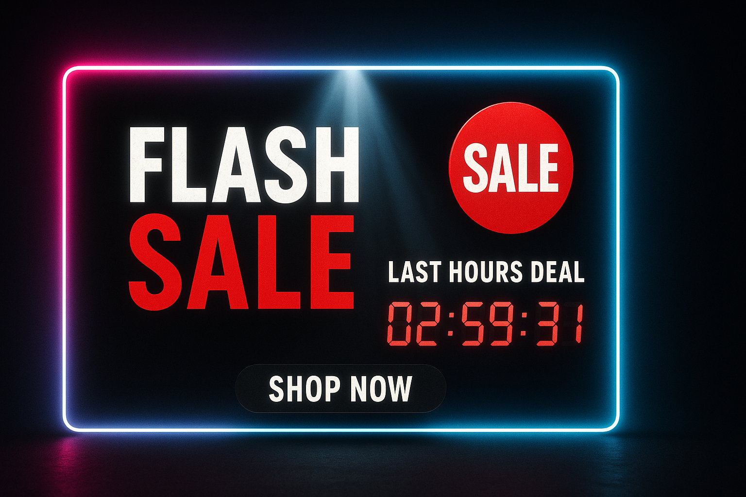 Flash sale banner for online fashion & beauty store, dark background with neon glowing borders, dramatic spotlight on products, red SALE badge, countdown timer graphics, “Last Hours Deal” vibe, strong call to action space, 16:9, ultra realistic, high contrast