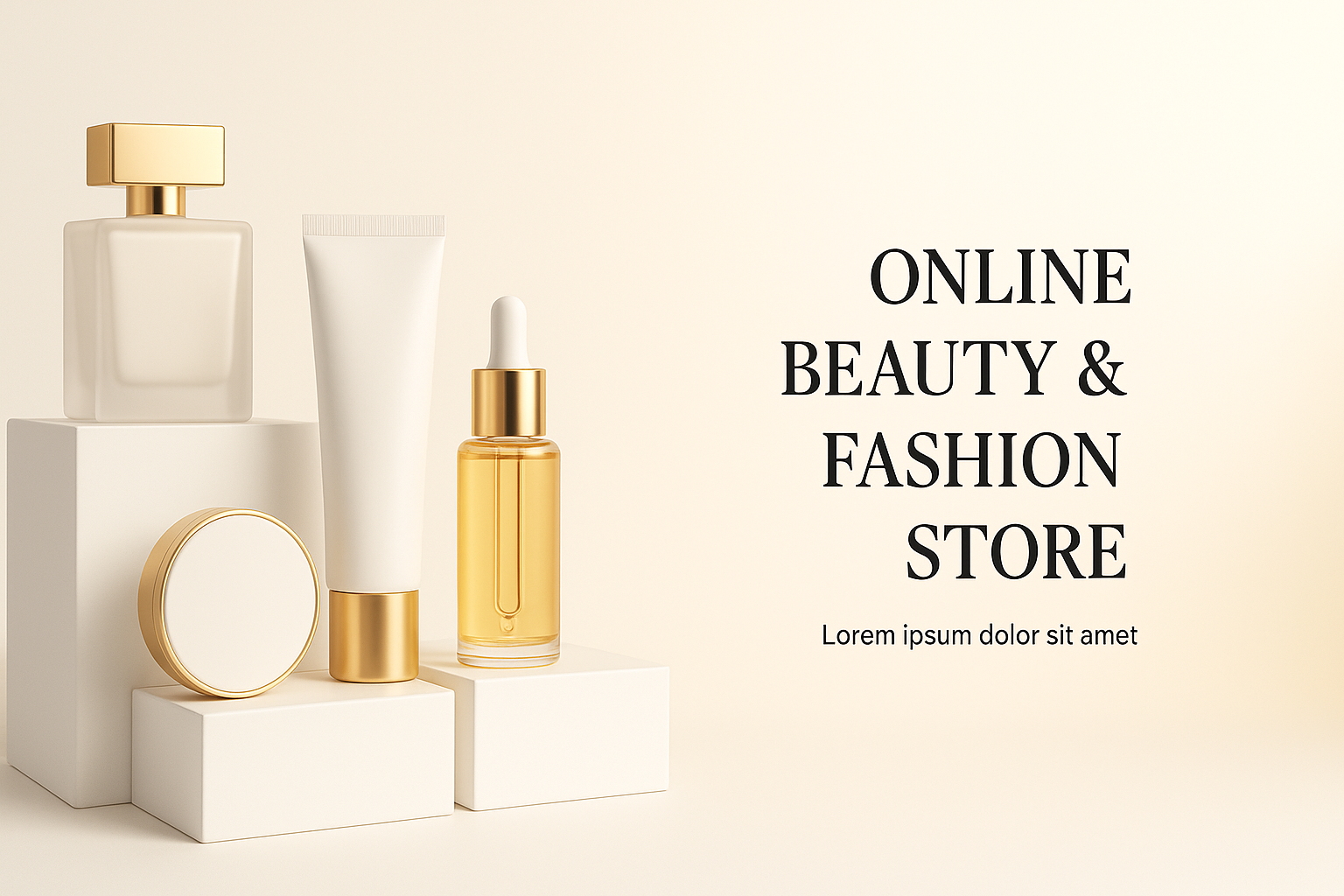 Hero section banner for online beauty & fashion store, modern layout with product mockups on pedestal, soft gradient background, premium luxury look, white and gold theme, clean composition with left side image and right side text placeholder, 16:9