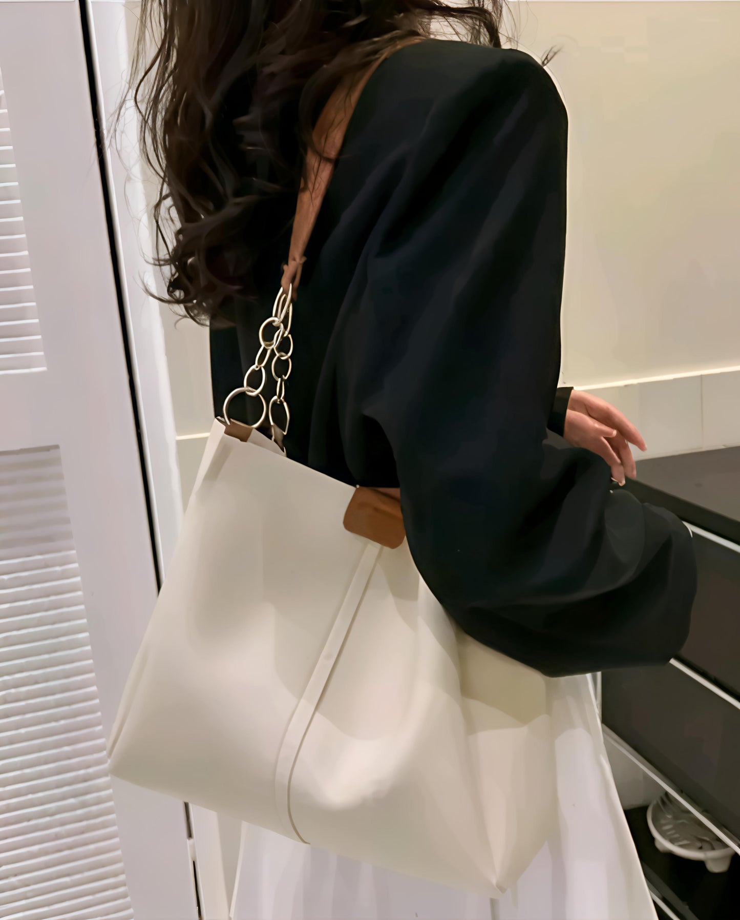 BISUKA™ Korean Chain Style Premium Tote Sling Bag (Cream + Tan)