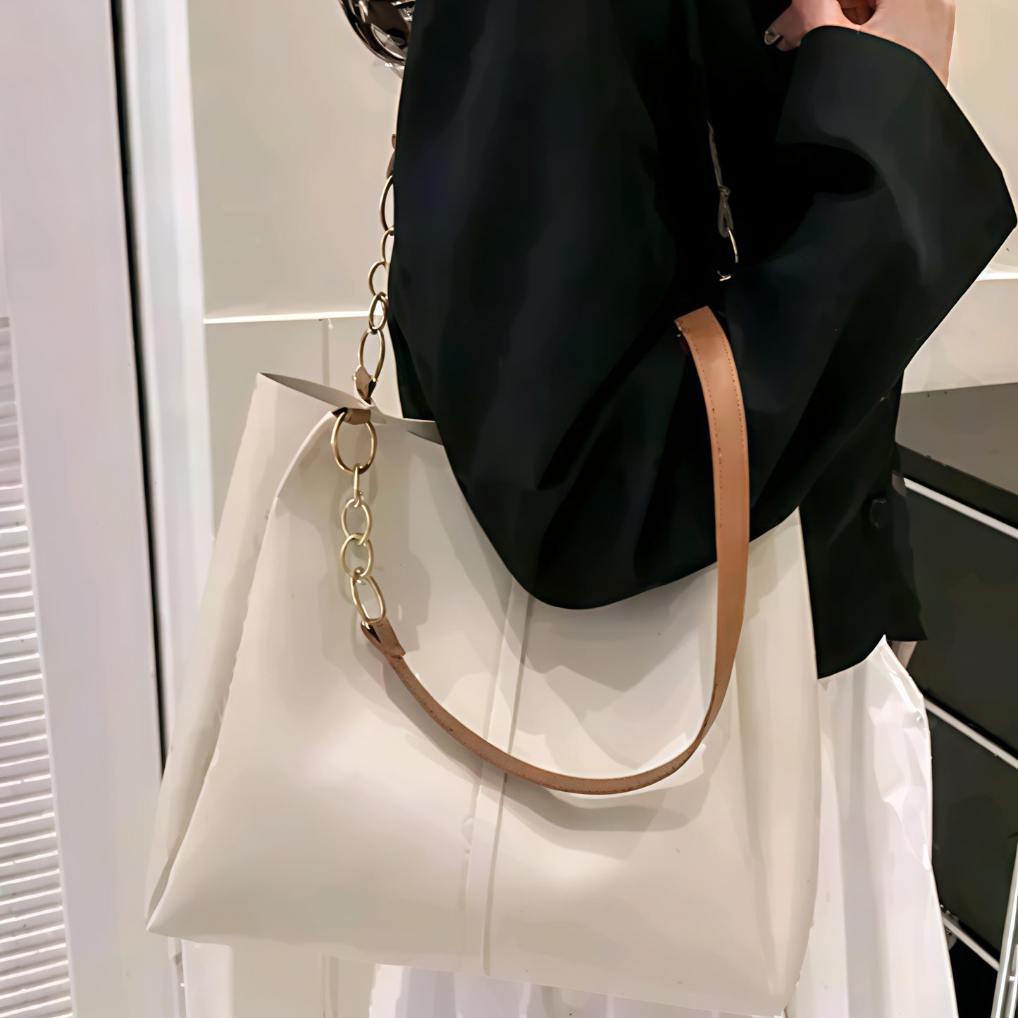 BISUKA™ Korean Chain Style Premium Tote Sling Bag (Cream + Tan)