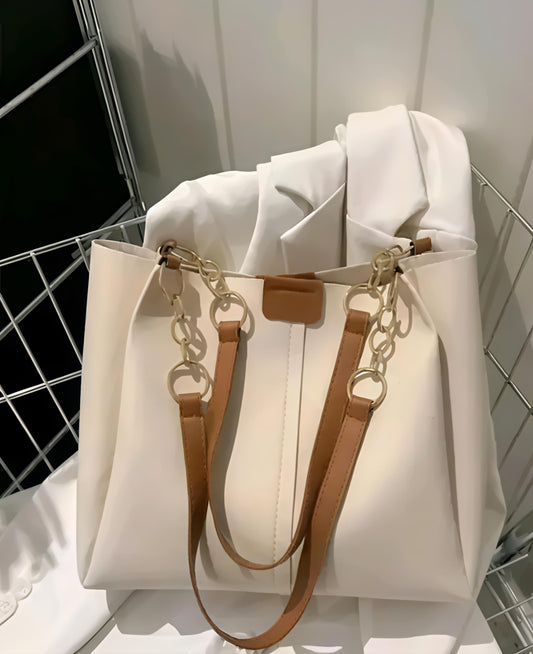 BISUKA™ Korean Chain Style Premium Tote Sling Bag (Cream + Tan)