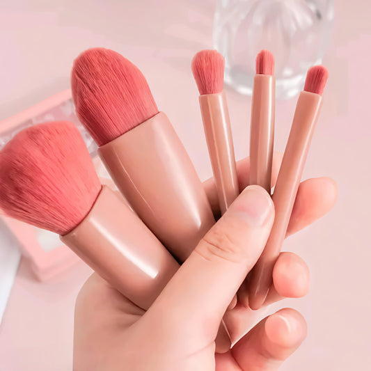 Premium Soft Pink Makeup Brush Set with Mirror Case (5-in-1 Compact Travel Kit)