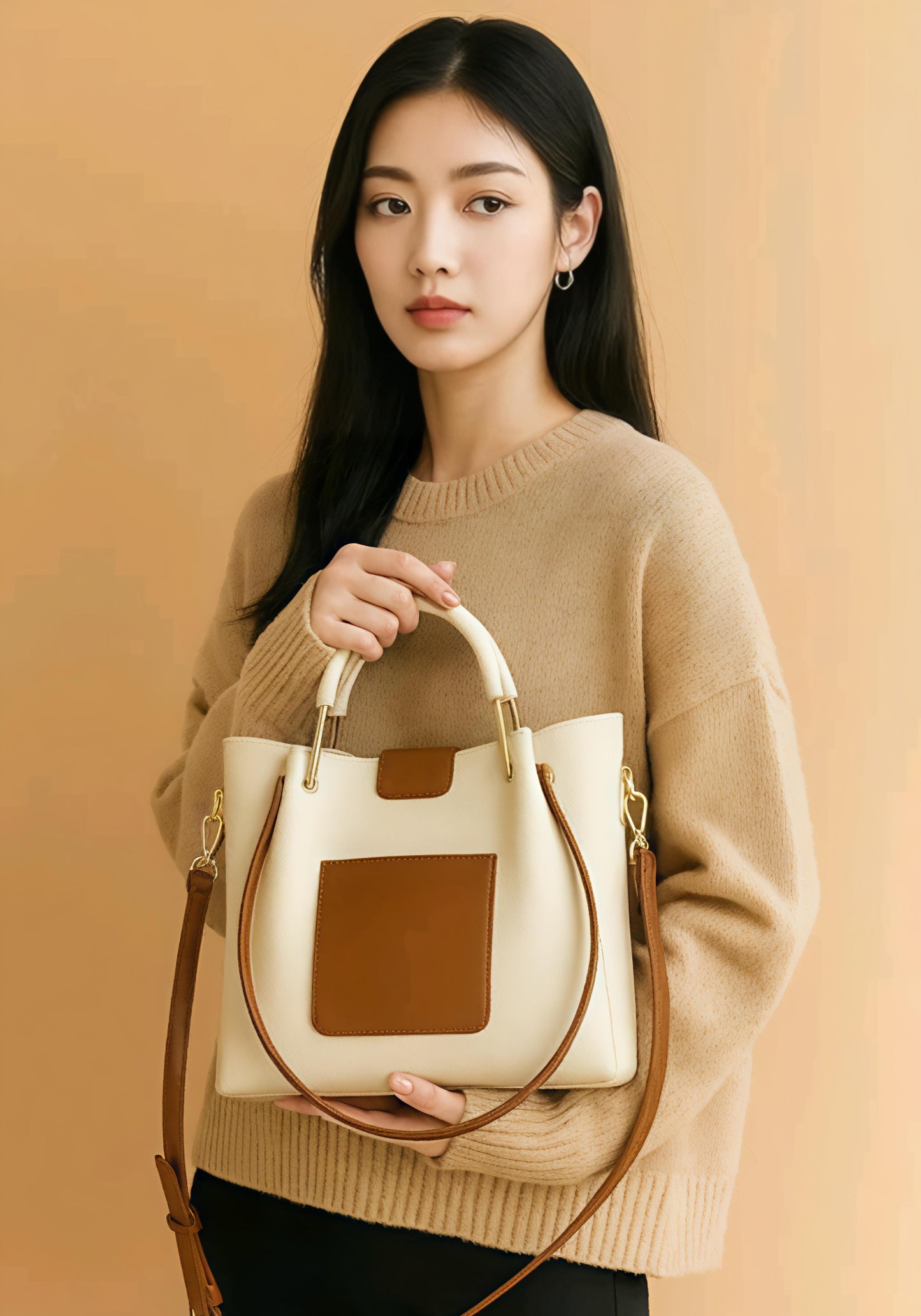 BISUKA™ Premium Dual-Tone Tote & Sling Handbag (Cream + Tan)