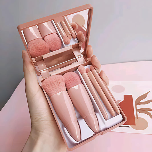 Premium Soft Pink Makeup Brush Set with Mirror Case (5-in-1 Compact Travel Kit)