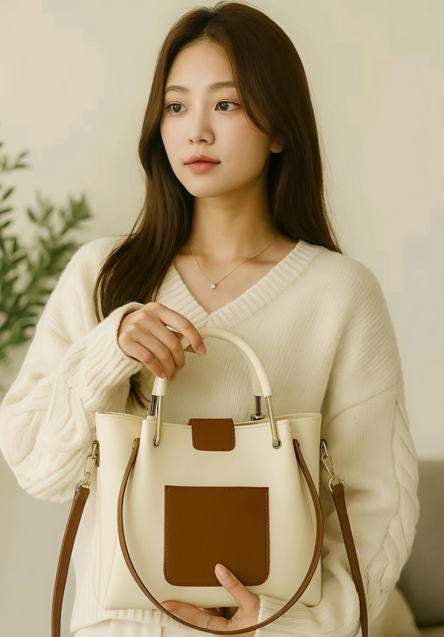 BISUKA™ Premium Dual-Tone Tote & Sling Handbag (Cream + Tan)