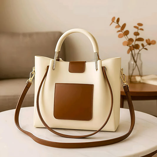 BISUKA™ Premium Dual-Tone Tote & Sling Handbag (Cream + Tan)