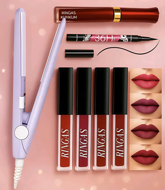 BISUKA Premium Beauty Combo Kit – 5 Matte Lipsticks + 36H Eyeliner + Mini Hair Straightener