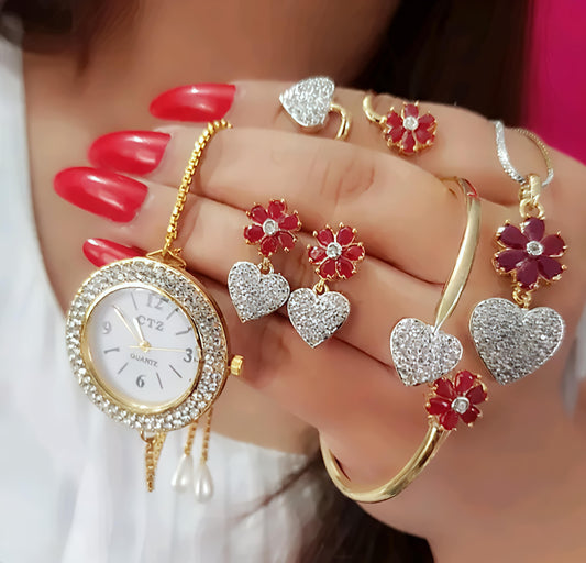 BISUKA™ Premium Red Heart & Flower Combo with Watch (5 in 1 Set)