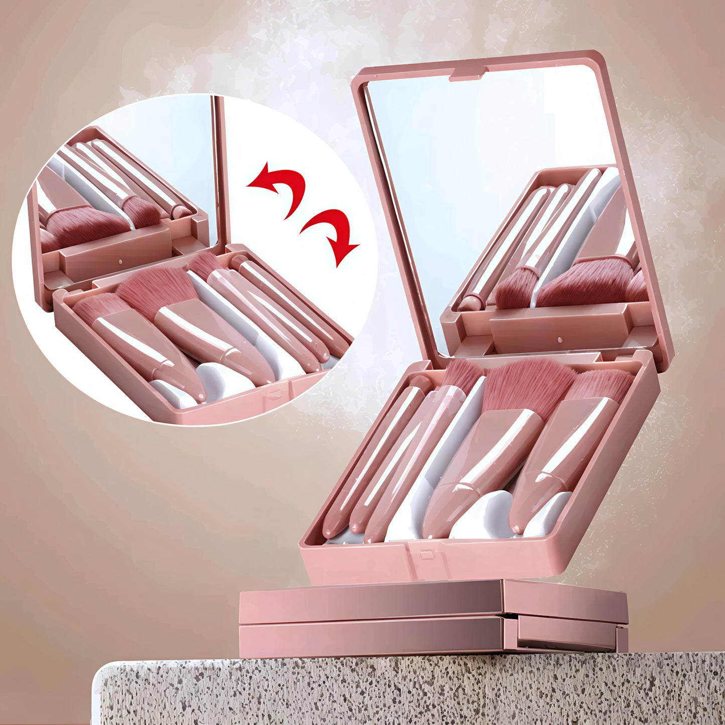 Premium Soft Pink Makeup Brush Set with Mirror Case (5-in-1 Compact Travel Kit)