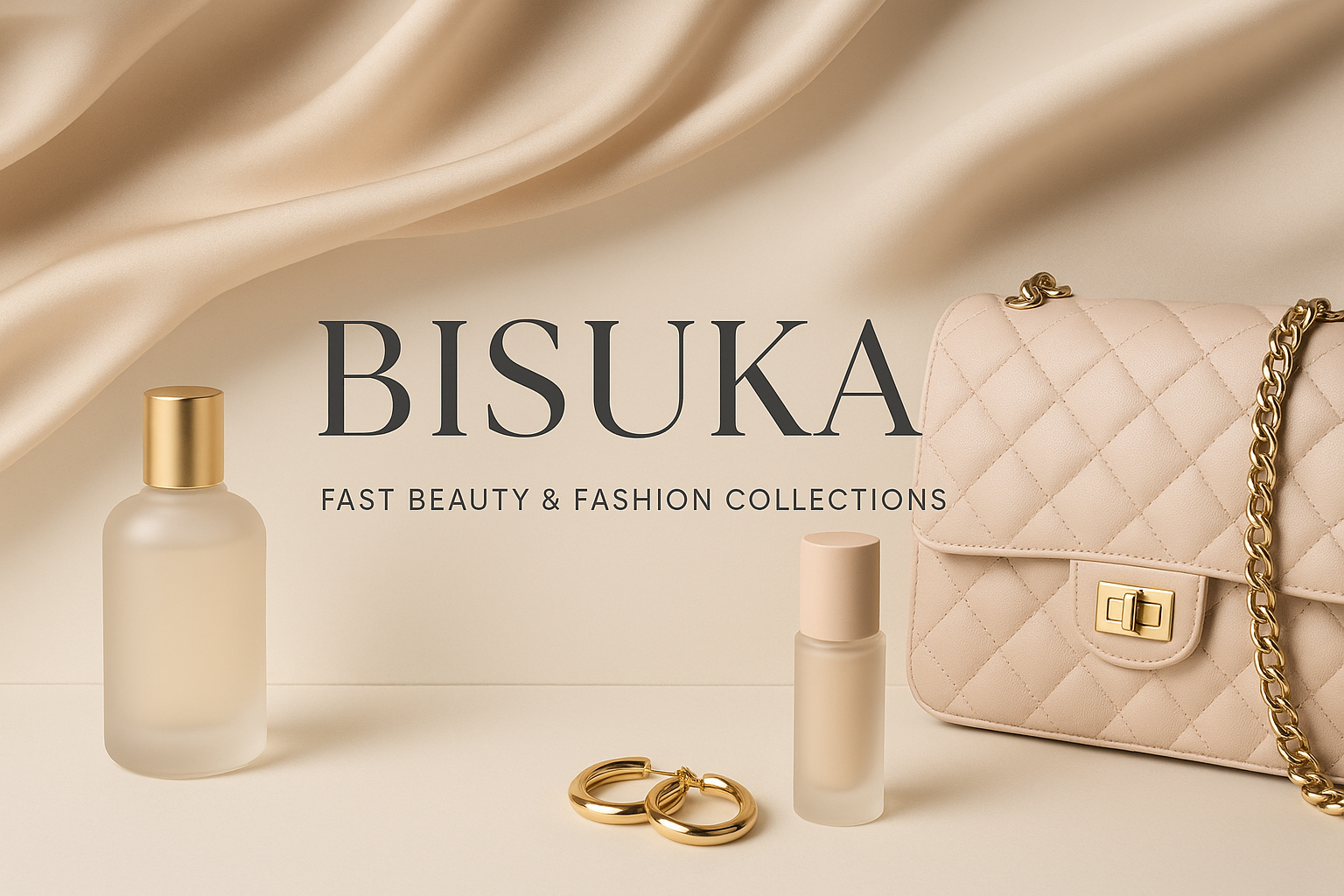 Same as above but add the brand name “BISUKA” in elegant premium typography on the banner, centered or top-left, with a subtle tagline “Fast Beauty & Fashion Collections” in smaller text below it. Keep text clean and minimal, no watermark, ultra HD.