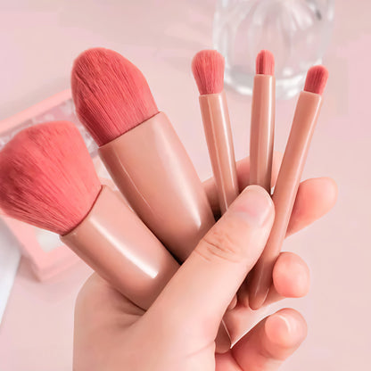 Premium Soft Pink Makeup Brush Set with Mirror Case (5-in-1 Compact Travel Kit)