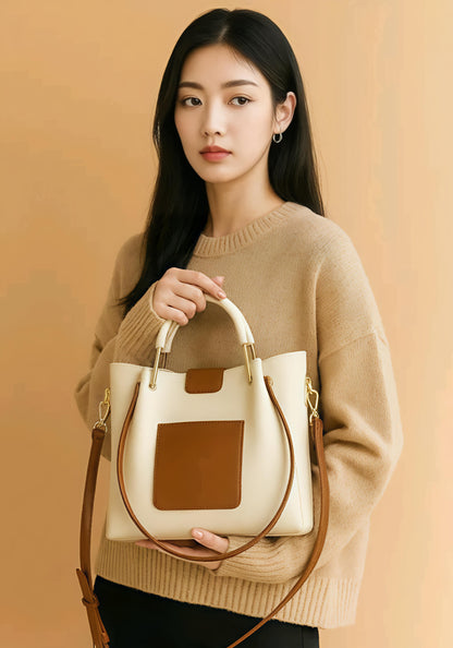 BISUKA™ Premium Dual-Tone Tote & Sling Handbag (Cream + Tan)