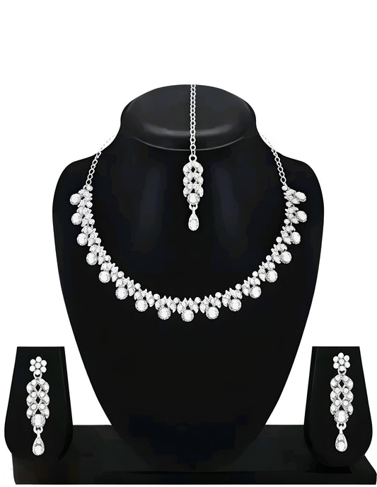 Elegant American Diamond Necklace Set with Earrings & Maang Tikka – Premium Bridal Party Jewellery