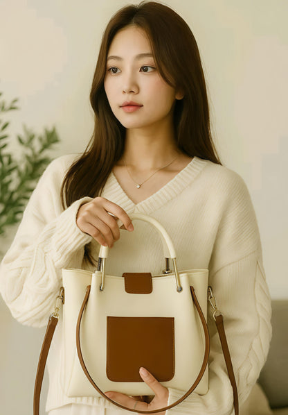 BISUKA™ Premium Dual-Tone Tote & Sling Handbag (Cream + Tan)